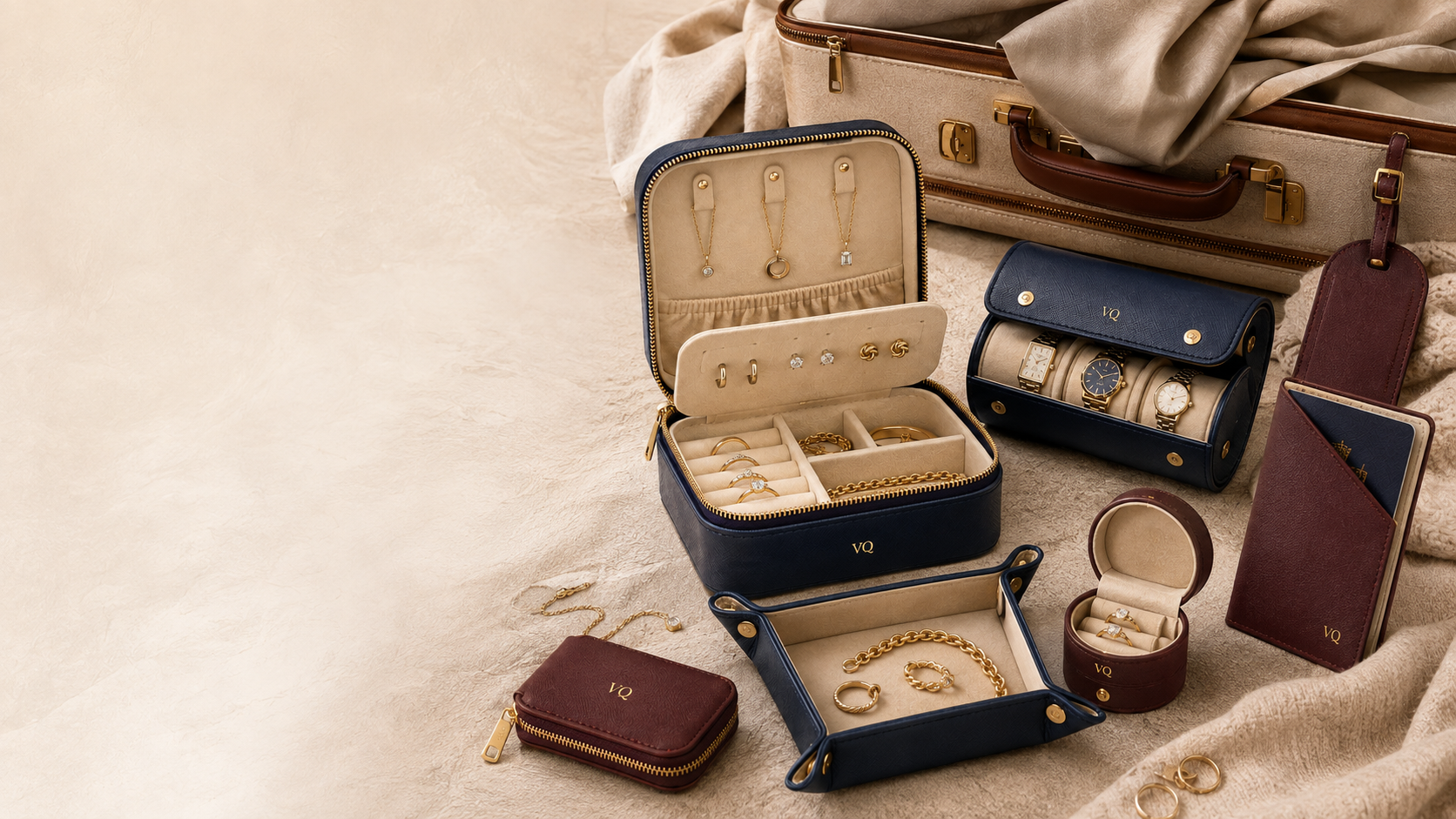 Varenqio travel valet and jewelry organizers arranged for a refined journey