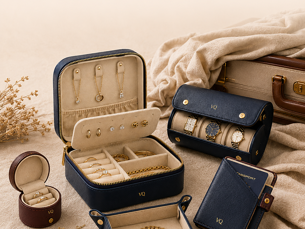 Varenqio travel organizers arranged in a warm editorial scene