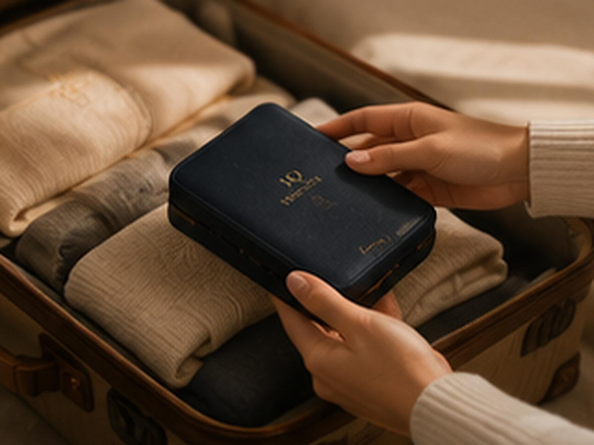 Hands placing a Varenqio organizer into a travel bag